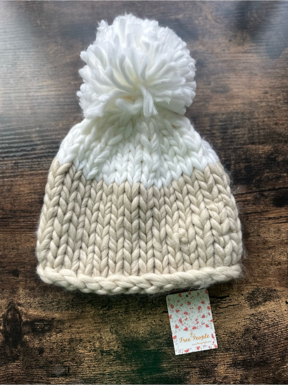 Free People Chunky Knit Pom Beanie in White and Beige - Picture 6 of 6